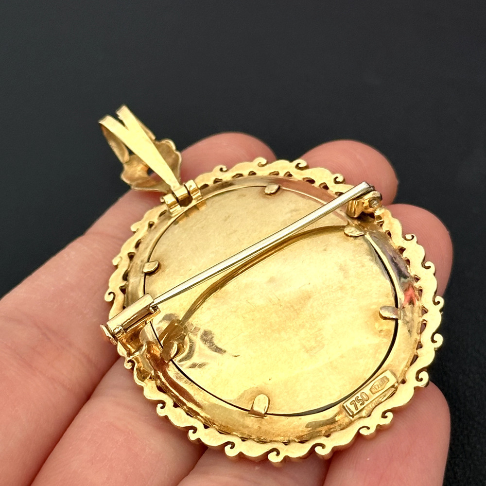 18K 750 Yellow Gold Antique Portrait Floral Scroll Framed Woman Pin Pendant - Picture 11 of 16